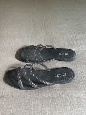 SCHUTZ Silver Braided Strap Slide Sandals